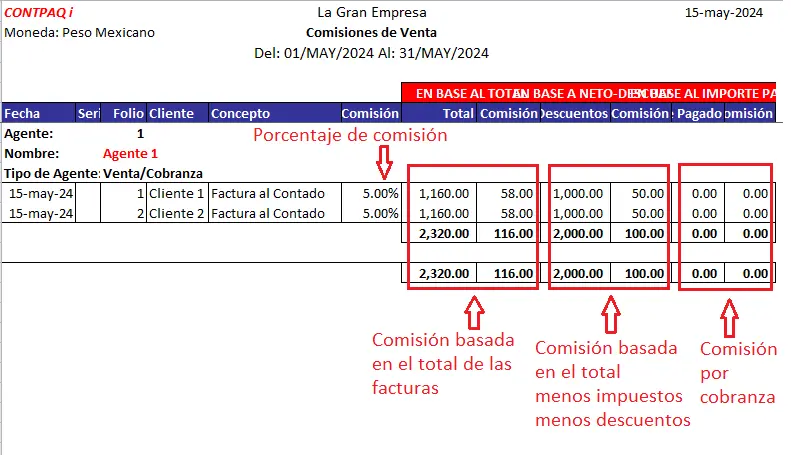 Reporte de comisiones por agente