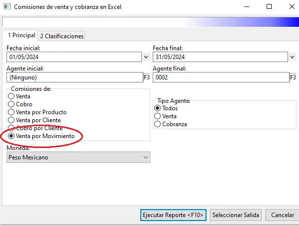 Reporte de comisiones por Movimiento de factura